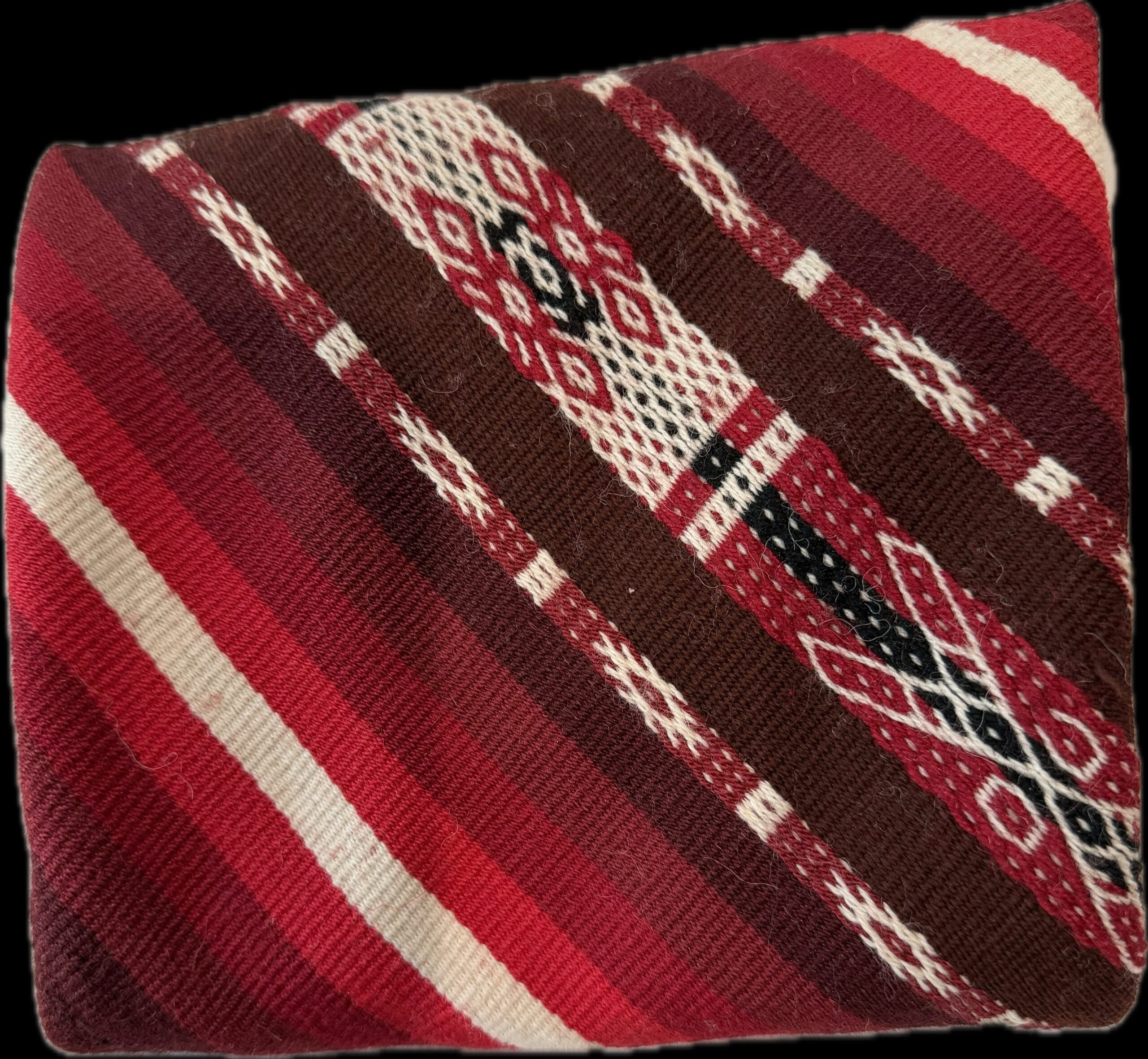 Red handwoven Peruvian Mestana ceremonial cloth with traditional Andean geometric patterns for shamanic mesa practice, altar work, meditation, and sacred ceremonies.