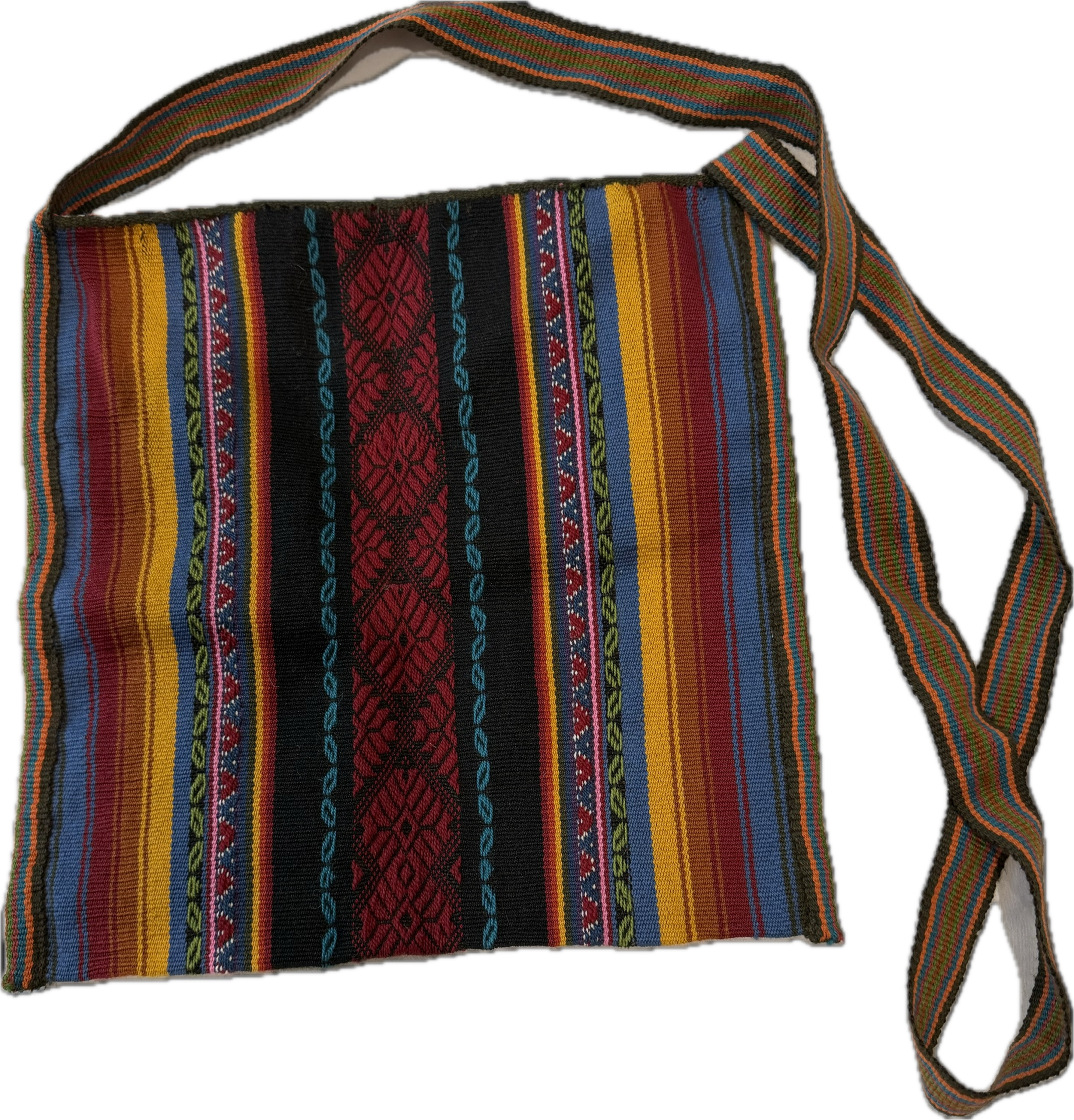 Handwoven Peruvian llama handbag featuring colorful Andean striped textile with traditional geometric weaving and an adjustable shoulder strap.