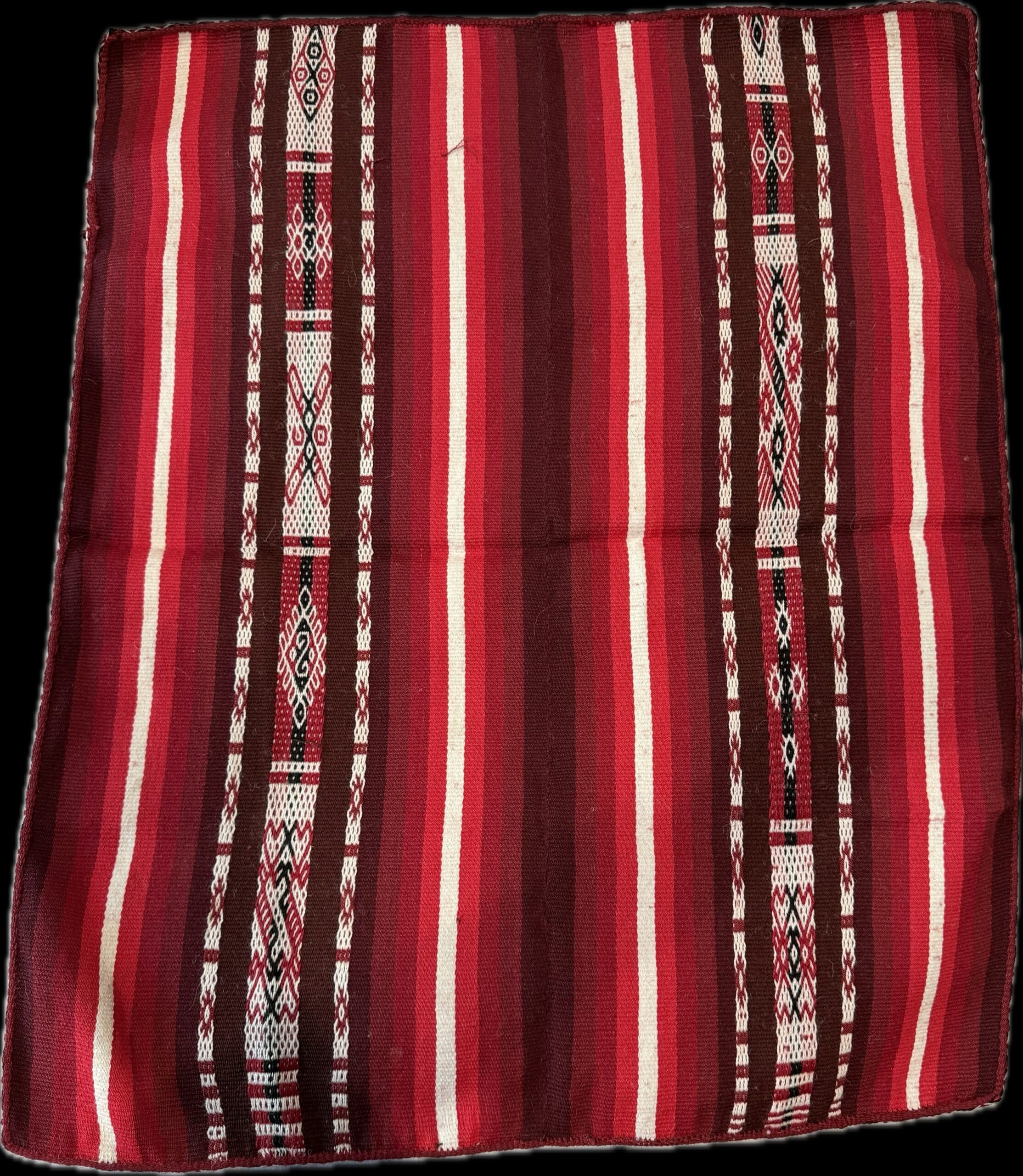 Red handwoven Peruvian Mestana ceremonial cloth with traditional Andean geometric patterns for shamanic mesa practice, altar work, meditation, and sacred ceremonies.