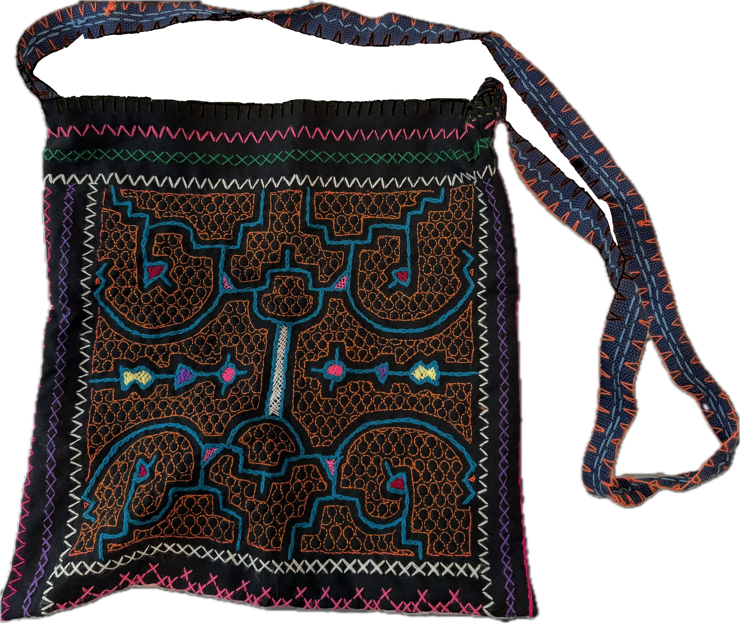 Amazon Shiboba handwoven handbag featuring traditional Shipibo-Conibo embroidered geometric patterns with an adjustable woven shoulder strap and handcrafted artisan design.