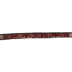 Authentic Peruvian handwoven hat band with traditional Andean geometric patterns in burgundy and cream, finished with decorative tassels, handmade in Peru.