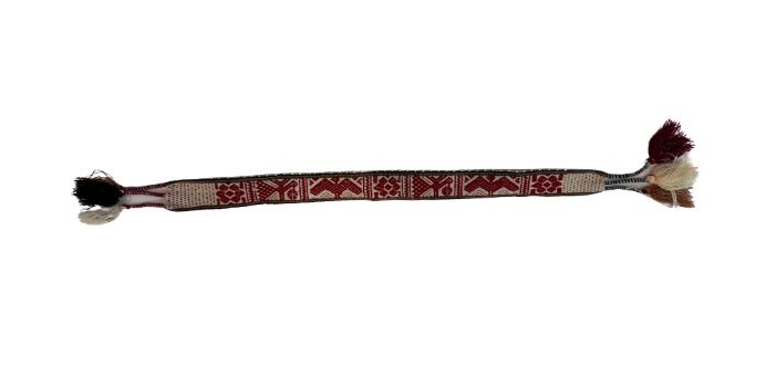 Authentic Peruvian handwoven hat band with traditional Andean geometric patterns in burgundy and cream, finished with decorative tassels, handmade in Peru.