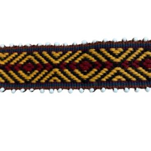 Authentic Peruvian handwoven hat band with traditional Andean geometric patterns in burgundy and cream, finished with decorative tassels, handmade in Peru.